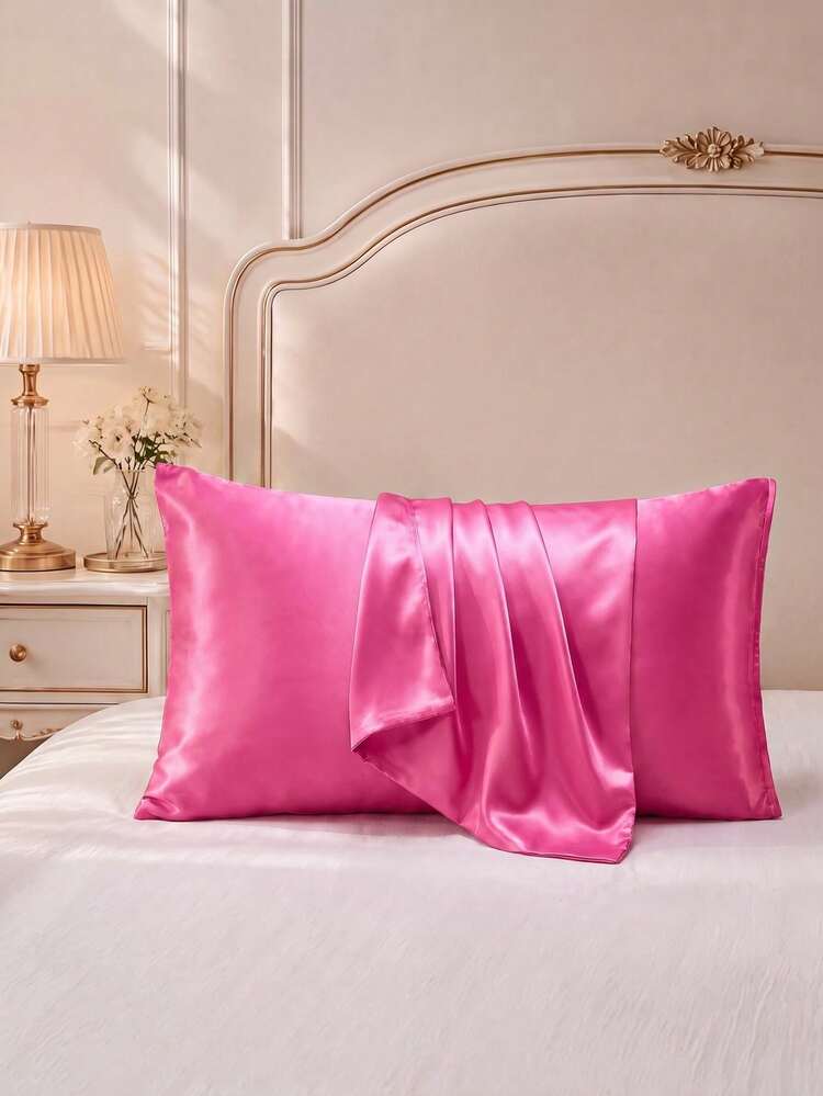 2/3pcs Set Rose Pink Satin Silky Fitted Sheet Set, (1pc Fitted Sheet +1/2 Pillowcase)Mattress Protector Cover For Bed, Bed Sheet, Soft Breathable, Size Bed Twin XL Full, King, Queen Size Deep Pocket Up To 11.8 Inch Back To School Dormitory Bedding - Hot Pink - View 5