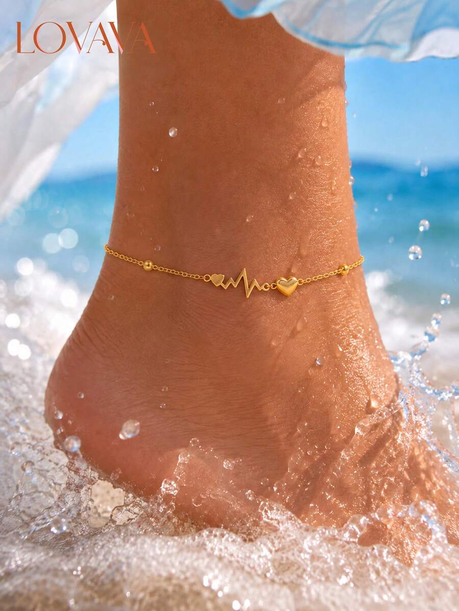 1Pc Heartbeat Heart Beach Waterproof 18K Gold Plated Stainless Steel Non Tarnish Jewelry Summer Vacation Dainty Anklets For Women - Gold - View 1