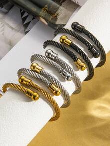 1pc Stainless Steel Twisted Rope Design Bracelet, Unisex Stackable Couple Gift For Couples's Birthday - Szgss007 - View 4