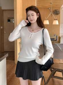 Atasan Dalaman Sweater Rajut Berongga dengan Pita Putih Gaya Korea Musim Gugur/Dingin - Putih - View 9