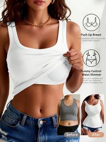 5pcs U-Back Ribbed Tank Tank Tops Women With Built-In Bras For Women, Solid Color Slim-Fit Essentials For Layering,, Exposed Shoulder Sleeveless - Multicolor - View 3