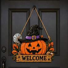 Letrero de puerta de fantasma de Halloween 2D plano, decoración colgante de madera con cuerda, colgador de puerta de Halloween rústico, adecuado para puerta principal, porche, entrada, pared y decoración de fiesta - A - Ver 4