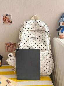 Cream White With Black Polka Dot Large Capacity Backpack, Waterproof And Wear-Resistant Fabric For Long-Lasting Durability, All-Over Polka Dot Design Classic And Versatile, Multiple Pocket Layout To Meet Storage Needs, Paired With Cute Puppy Charm For Unique Style. Suitable For Primary And Middle School Students' Daily School Use, Also Meets Shopping, Travel, Commuting Storage Needs, Fresh Korean Style Casual Backpack. - White - View 3