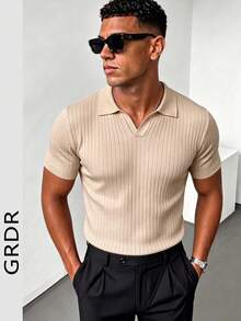GRDR 男士夏季纯色 Polo 领短袖针织衫，适合夏季外出穿着，时尚造型必备单品 - 杏色 - 查看 2