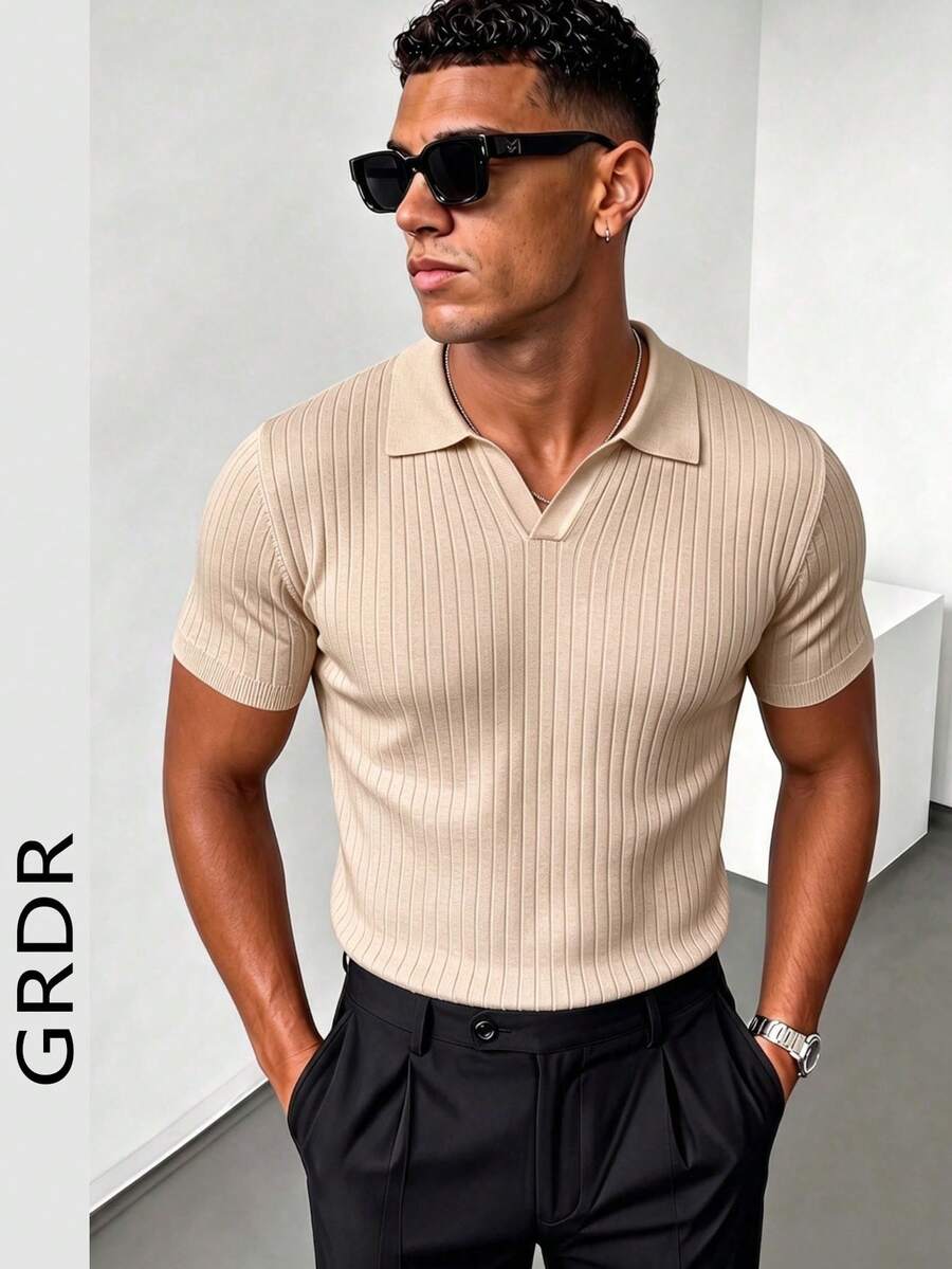GRDR 男士夏季纯色 Polo 领短袖针织衫，适合夏季外出穿着，时尚造型必备单品