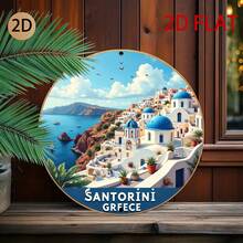 2D Flat Round Santorini Greek Art Mediterranean Style Wall Decor, Suitable For Home Travel Themed Spaces, 2D Flat, Perfect For Room Decoration (Random Style) - A - View 6