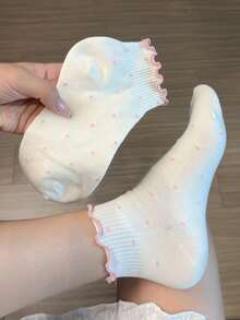 7/4/1 Pair Random Style Women's Polka Dot Ruffle Trim Short Socks, Sweet JK Style Ruffle Cuff Mid-Calf Socks, Comfortable And Breathable, Suitable For Daily Casual Wear - Multicolor - View 6