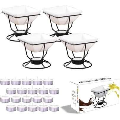 4Pcs 7oz Butter Warmer Seafood With 20 Candles,Ceramic Fondue Warmers Set Chocolate Butter Cheese,Ceramic Bowl Oven Microware Dishwasher,Family Dip Fruit,Dessert,Snack