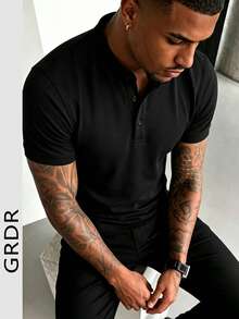 GRDR Men's Summer Fashion Classic Solid Color Henley Collar Short Sleeve, Business Casual Essential Item, Summer Window Display Must-Have - Black - View 5