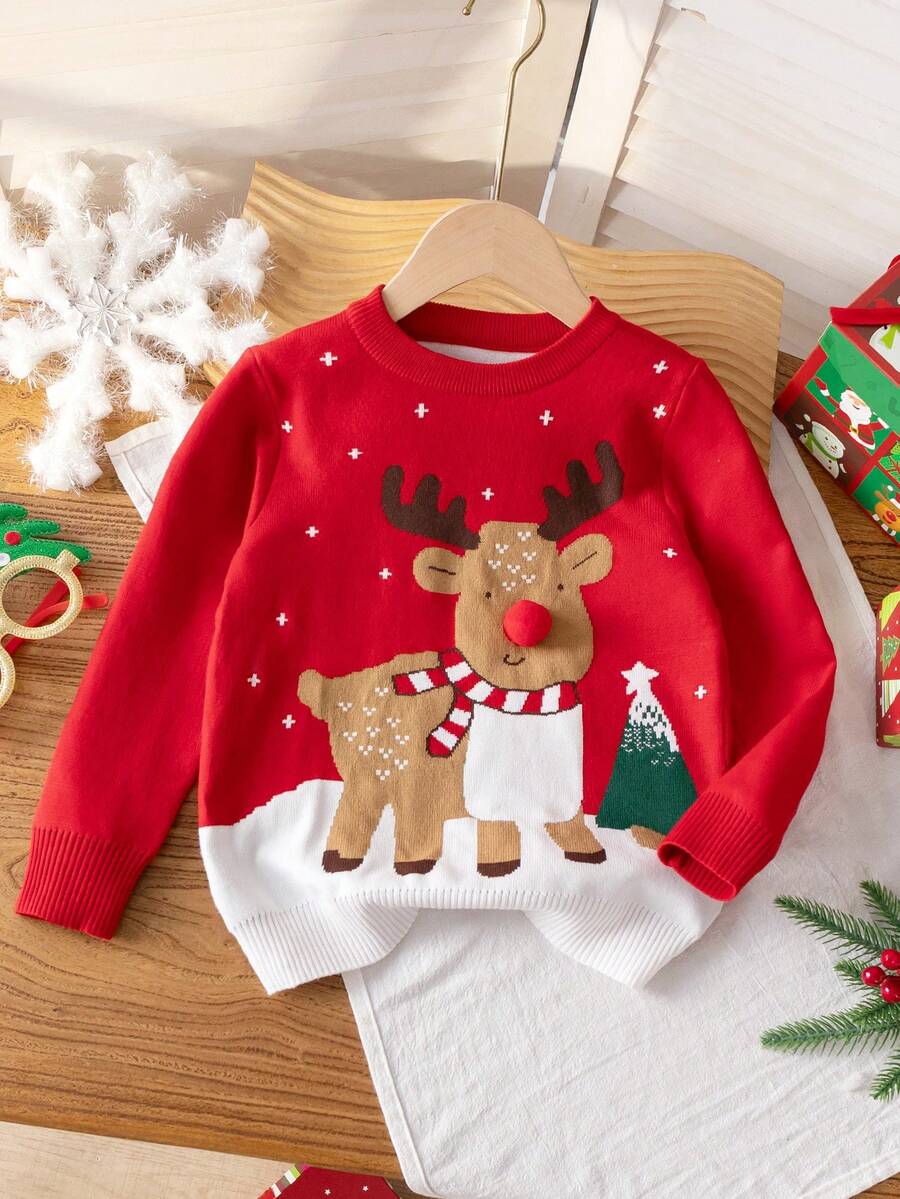 Young Girl Cute Christmas Reindeer Jacquard Knit Crew Neck Sweater Long Sleeve Pullover For Daily Wear, Parties, Spring, Autumn, Winter - Red - View 1