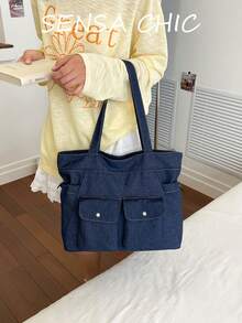 Bolso Tote de Denim Azul Profundo Lavado unicolor, Uso Dual de Mano & Hombro, Múltiples Bolsillos con Broches, Estilo Casual Coreano Bolso Grande para Viajes Diarios, Estudiante & Trabajador de Oficina, Escuela, Viajes, Duradero, Versátil, Bolso de Hombro Ins talla grande Vendido - Azul lavado oscuro - Ver 6