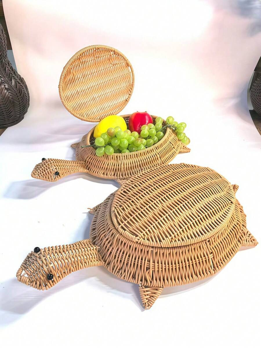 1pc Handmade Woven Rattan Steamed Bun Basket With Lid, Living Room Fruit Storage, Home Money Turtle Fruit & Snack Organizer Decor - Multicolor - View 1