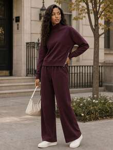DAXIDA Women's Elegant Burgundy High Neck Long Sleeve Top And Pants Two-Piece Set, Warm Lined High Stretch Casual Fall Winter Outfit - 玫紅色 - 查看 2