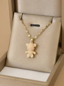 1pc Luxury Pearl Bear Stainless Steel Women's Necklace, 1 Pair Luxury Pearl Bear Stainless Steel Women's Earrings, Animal, Gold Necklace, Gold Earrings, Stainless Steel Jewelry, Gold Jewelry, Summer, Beach, Vacation Jewelry, Bohemian, Charm, Pride, Western Jewelry, Gift For Women, Gift, Birthday Gift - Yellow Gold - View 8