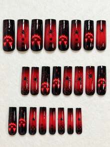 24pcs Long Water-Pipe Style Halloween Y2K Design Classic Elegant Red & Black Gradient Ombre Pumpkin Funny Ghost Face Spider Web Polka Dot Striped French Glossy Shiny Bright White False Nails Fashion Versatile Wearable Nails Suitable For Dates Parties Spring Summer Women And Girls Autumn Winter Daily Wear Removable Press-On Nail Set With Jelly Glue And Nail File Easy To Wear And Durable Jelly Glue Randomly Shipped - Burgundy - View 4