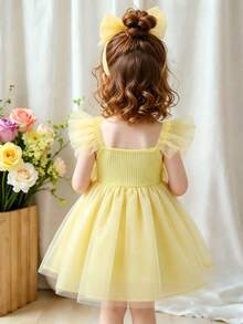 Baby Girl Cute Square Neck Ruffle Trim Sleeveless Bow Decor A-Line Mesh Princess Dress, Fashion Versatile Sweet For Baby Girls, Suitable For Daily, Party, Outing, Spring/Summer - Yellow - View 5