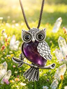 1/5/10/20/50pcs Multi-Color Fashion Metal Inlaid Natural Crystal Owl Pendant Necklace, Natural Amethyst, Suitable For Women's Daily Wear - Owl - View 4