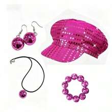 70s Disco Women's Shiny Sequin Hat & Necklace Set, Halloween New Style Casual Versatile - Multicolor - View 17