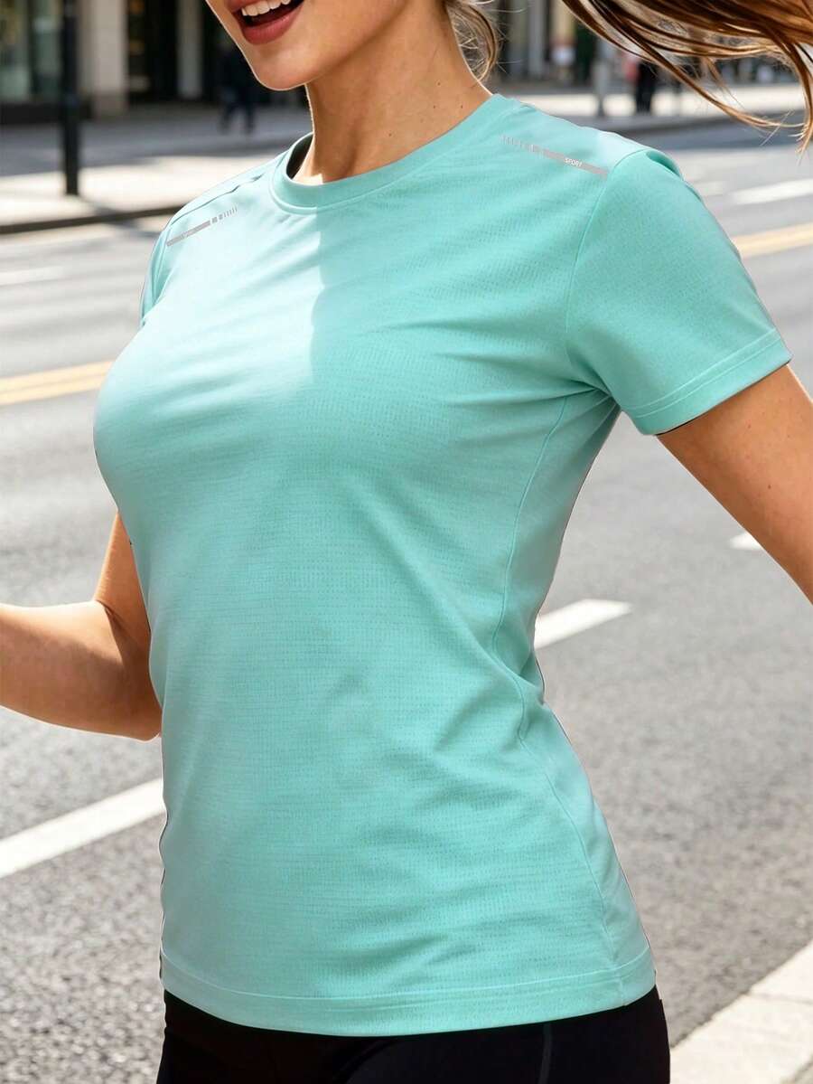 女款夏季快乾短袖運動T恤,透氣吸濕,圓領修身瑜伽跑步健身上衣 - 薄荷藍 - 查看 1