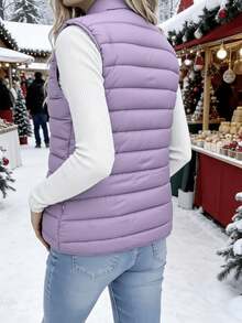 Women's Lightweight Stand Collar Short Zip-Up Vest, Slim Fit Sleeveless Warm Outerwear For Commuting, Autumn/Winter Layering Essential! - Purple - View 5