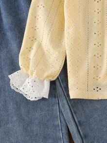 2pcs Girls Fresh Sweet Style Hollow Lace Trim Square Neck Long Sleeve Cardigan Top With Embroidered Hem Straight Leg Denim Jeans Set, Spring/Autumn - Gold - View 8