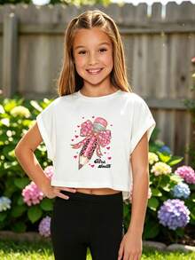Tween Girls'  Cotton Cropped Cuffed Sleeve Tee, Graphic Print,  Cute Sweet Preppy Girl Style - White - View 3