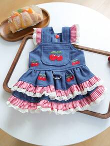 PETCIRCLE 1件寵物衣服 小狗幼犬貓用 可愛甜美風 無袖刺繡櫻花飾邊洋裝 - 彩色 - 查看 1