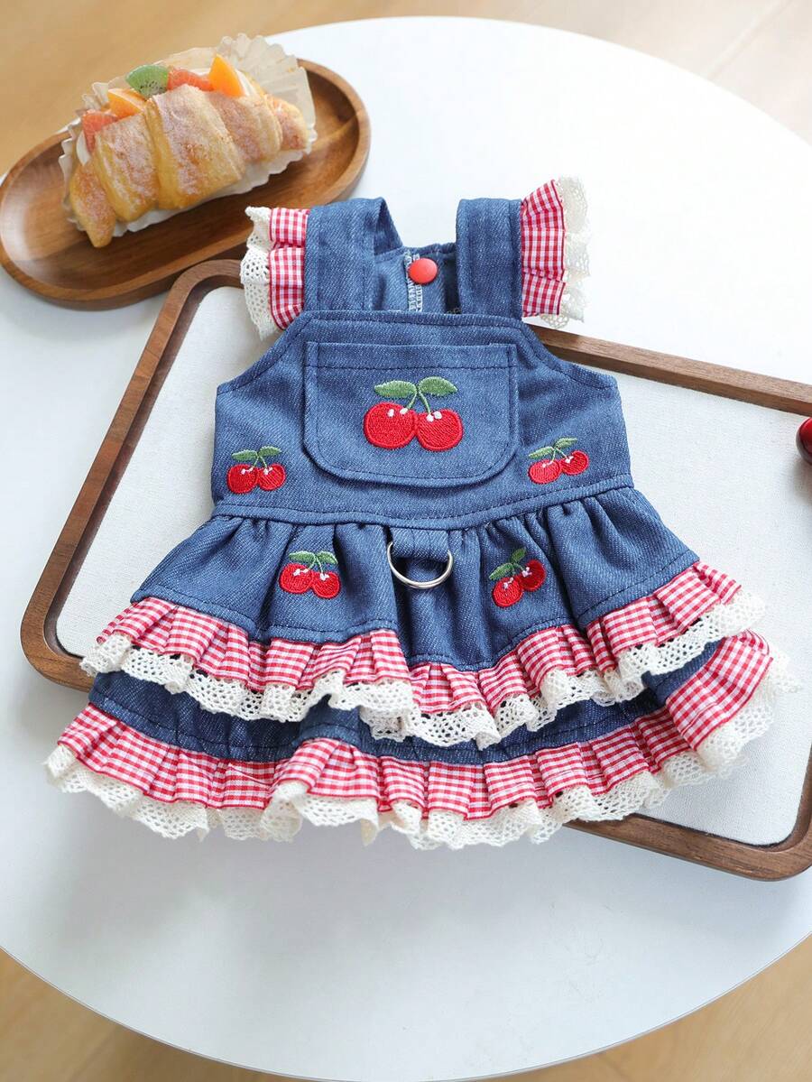 PETCIRCLE 1件寵物衣服 小狗幼犬貓用 可愛甜美風 無袖刺繡櫻花飾邊洋裝 - 彩色 - 查看 1