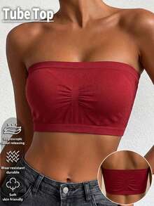 1pc Burgundy Women's Strapless Bandeau Bra, Seamless Elastic Bustier, Front Ruched Gathering Support, Breathable Mesh Back Moisture-Wicking, Wire-Free No Padding Anti-Slip, Skin-Friendly No Underarm Pinching, Suitable For Summer Outerwear, Daily Layering, Home Leisure, Travel Outfits - Burgundy - View 7