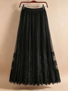 LuminousWealth Women's - Mesh Contrast Lace Ruffle A-Line Skirt Black Spring - Black - View 4