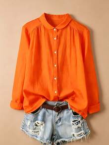LuminousWealth Women's Elegant Long Sleeve Button-Up Shirt - Lightweight Non-Stretch, Classic Collar, Suitable For Spring/Summer/Autumn, Daily Fashion, Holiday, Party - Orange - View 5