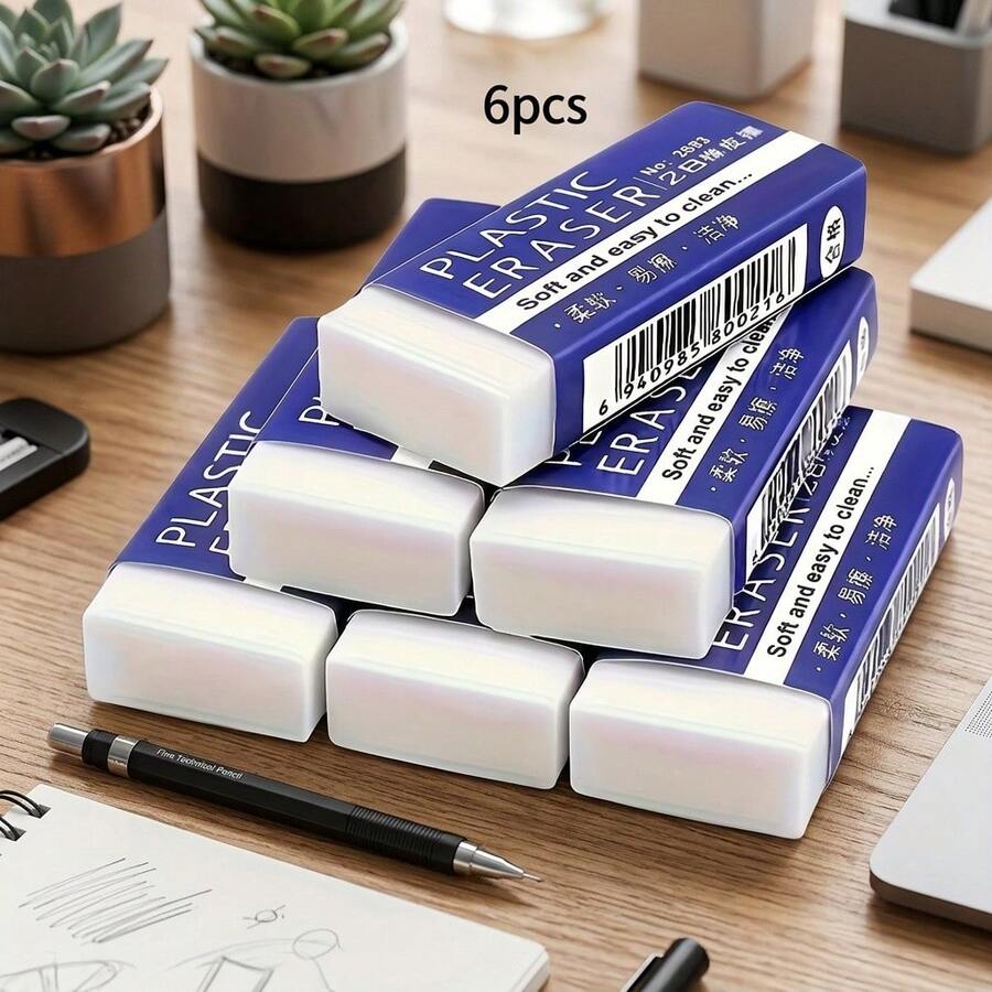 6 قطع مجموعة ممحاة قلم رصاص 2B بيضاء، ممحاة مطاطية مستطيلة من PVC ناعمة، سطح ناعم سهل التنظيف، مناسبة للمدرسة والرسم والفن ولوازم الحرف اليدوية - مقاس واحد يناسب الجميع - مشاهدة 1