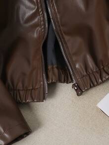 Tween Girl Spring/Autumn New Fashion Solid Color Zipper Lapel Long Sleeve Brown PU Leather Jacket Short Top - Brown - View 6