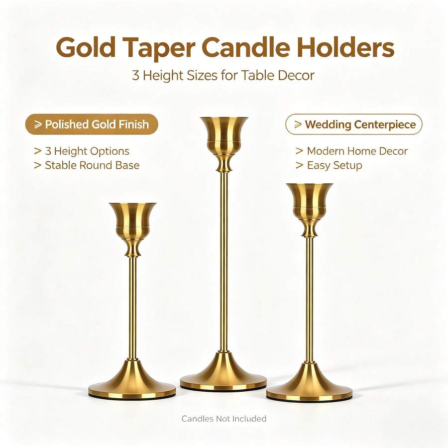 Vintage Brass Gold Taper Candle Holders Set Of 3, Exquisitely Packaged Housewarming Gift, Table & Fireplace Decor For Wedding, Christmas, Thanksgiving, Party, Fall, Halloween, Bedroom, Bathroom, Office & Dorm, Candles Not Included - 彩色 - 查看 1