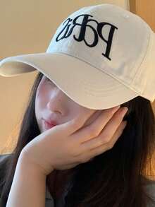1pc Korean Style New Embroidered Letter Baseball Cap, Navy Blue Soft Top Face-Flattering Dad Hat, Minimalist Versatile Wide Brim Sun Hat, Women's - Multicolor - View 7