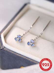 1 Pair S925 Sterling Silver Mori Style Blue Iris Ear Thread Earrings, Gentle Elegant Fresh Versatile Women's Lady Style Jewelry, Suitable For Daily Wear, Outings, Gatherings, Anniversaries, Holiday Gifts - Flowers - View 13