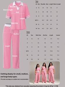 2pcs/Set Women's New Polo Collar Short Sleeve T-Shirt And Elastic Waist Loose Pants, Versatile Contrast Trim Top With Striped High Waist Drawstring Pants, Suitable For Outdoor, Exercise, Commuting, Street Wear In Spring, Summer And Autumn Pink Elegant - Pink - View 7