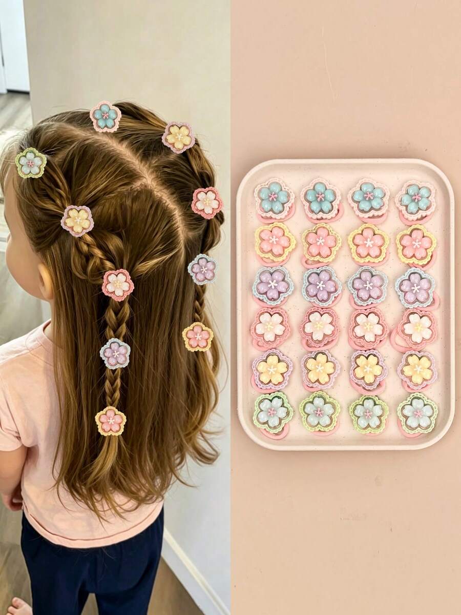 6/14/28pcs Random Assorted Girls Colorful 3D Flower High Elasticity Hair Ties, Sweet Cute Versatile Daily School Travel Braiding Hair Accessories - Multicolor - View 1