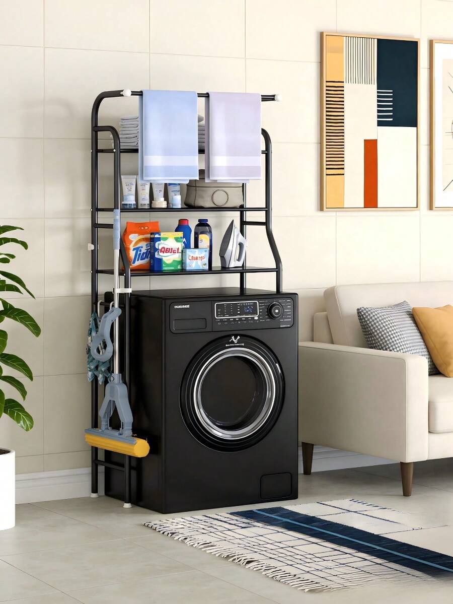Multi-Layer Storage Rack For Washing Machines, Featuring Divided Storage Layers, A Top Pole For Hanging Towels, Side Hooks For Cleaning Tools, And Maximizing Unused Space In Bathrooms - Multicolor - View 1