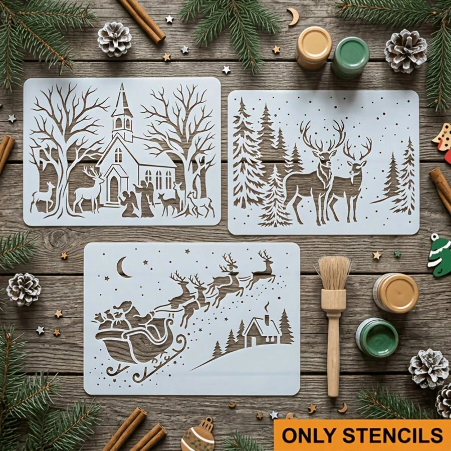 3pcs Reusable Plastic Winter Snow Scene Stencils For Painting - Christmas Reindeer, Sleigh, Church & Trees Templates DIY Crafts, No Wooden Transfer Stickers Suitable For Canvas, Fabric, Glass Doors & Wall Decor Includes Snowflake Pattern - Sets - View 1