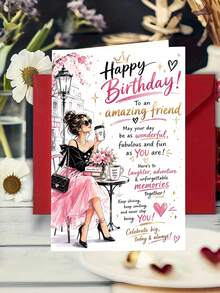 1pc Birthday Card With Envelope - "Happy Birthday To An Amazing Friend" Chic Fashion Illustration Greeting For Female Bestie, Birthday Celebration Gift, Blank Inside - View 6