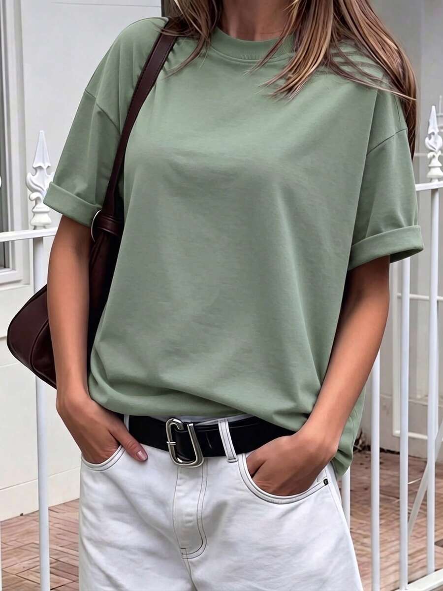 Women's T-Shirt In Pure Cotton With A Crew Neck, Solid Basic Style, Ideal For Everyday Summer Wear - 橄欖綠 - 查看 1