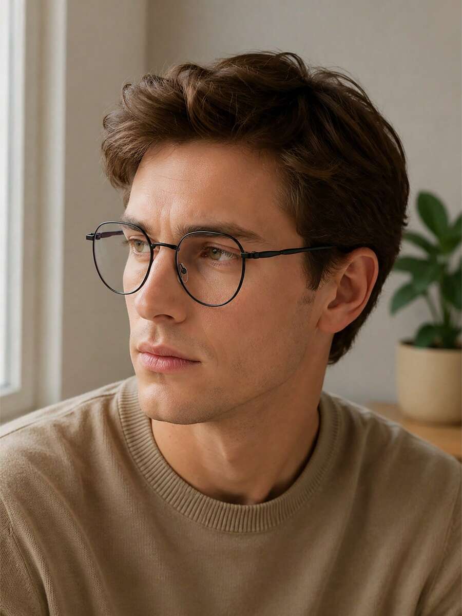 1 pieza Gafas redondas doradas con puntas suaves en las patillas, montura de metal, gafas sin graduación para mujeres, estudio en línea, desplazamiento diario, trabajo y uso casual - Multicolor - Ver 1