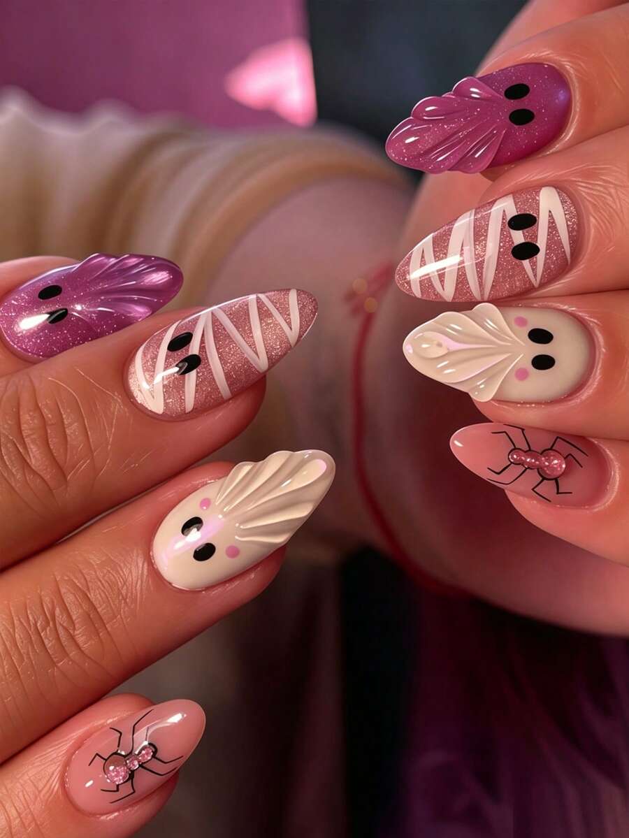 30pcs Pink Glitter Mummy Ghost Spider Bow Press-On Nails, Medium Almond Glossy Sweet Cool Pale Pink Halloween Cute Reusable 3D Fake Nails, White Wrinkled 3D Ghost, Striped Mummy Ghost, Mini Black Spider, Pink Purple Bow And Gradient Purple Glitter Nail Tips, 3D Purple Nail Art, Halloween Nail Art, Ghost Nail Art, Spider Nail Art, Suitable For Halloween Party, Light Gothic Outfit, Casual Date, Autumn Daily Look And Holiday Photo - Mauve Purple - View 1