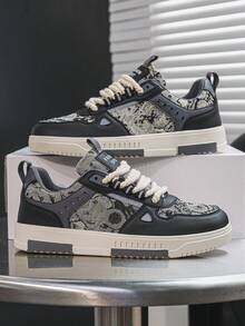 Men's Personalized Mixed Color Random Bear Print Patchwork Lace-Up Sneakers, Youth Street Fashion Comfortable Casual Sports Shoes - Beige - View 2