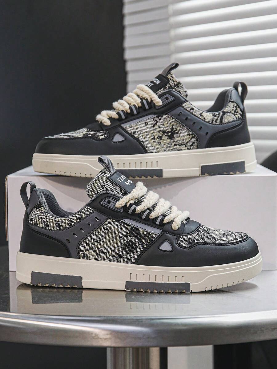 Men's Personalized Mixed Color Random Bear Print Patchwork Lace-Up Sneakers, Youth Street Fashion Comfortable Casual Sports Shoes