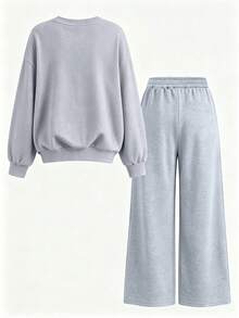 2pcs/Set Girls Minimalist Casual Heart Print Crew Neck Sweatshirt & Pants Set, Autumn/Winter Fashion Comfortable Style - Grey - View 4