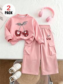 2pcs Set For Young Girls, With Cherry Pattern Crew Neck Long Sleeve Sweatshirt + Cargo Pants, Soft Fabric Casual Clothings, For Autumn&Wint Wear - Pink - View 3