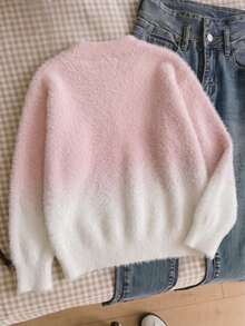 Girls Cute Gradient Cherry Faux Mink Knit Pullover Sweater, Suitable For Daily Wear, Vacation, Spring, Autumn, Winter - Pink - View 3
