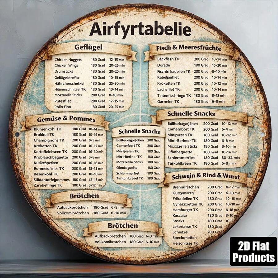 1pc 8*8in/20x20cm 2D Flat Round Sign, Vintage Airfryer Recipe Plaque, Fried Chicken Wings Decor Sign, Suitable For Kitchen, Restaurant, Bar Decoration Or Gift (Random Hole Position) - A - View 1